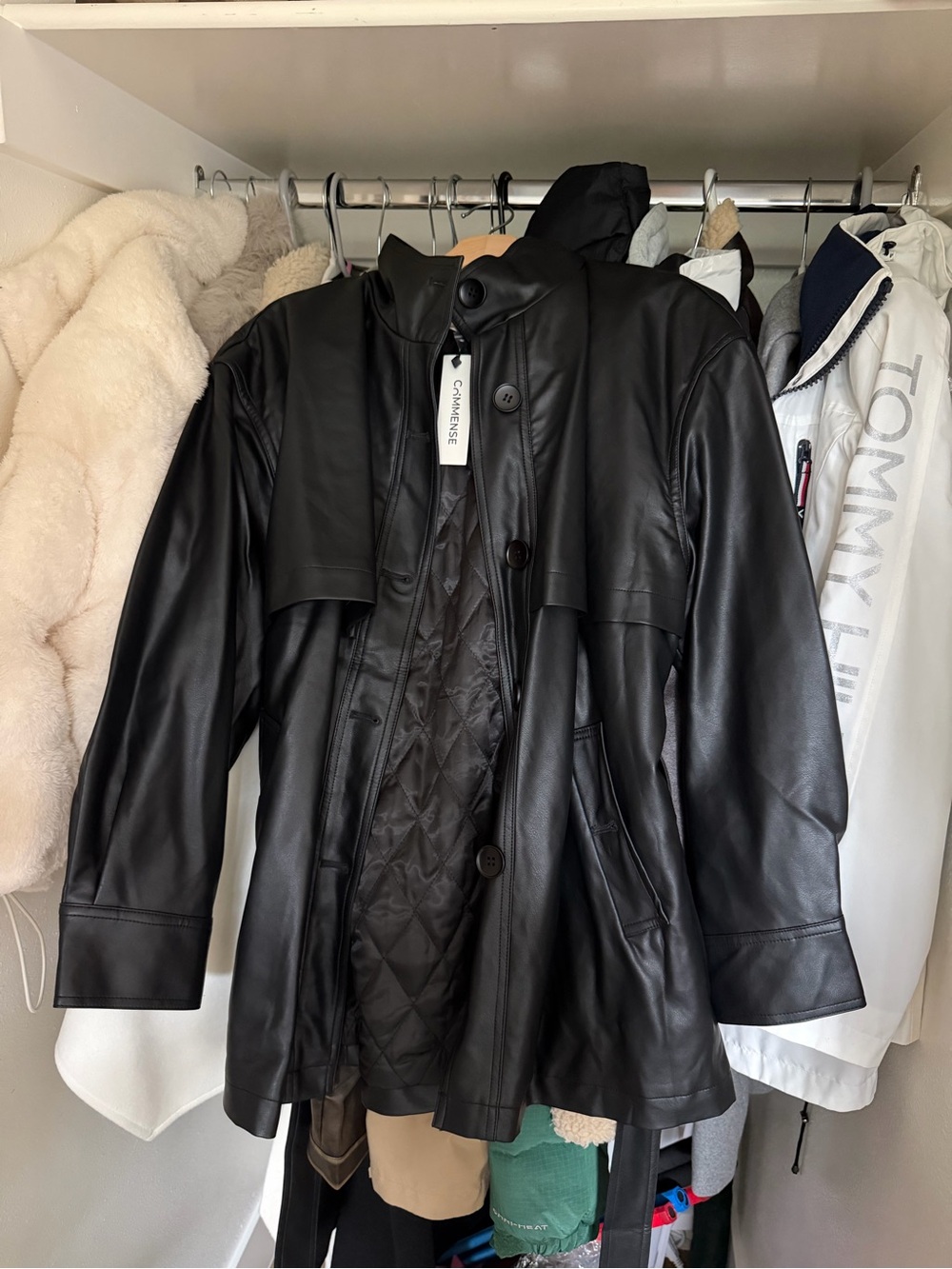 Commense Black Leather Jacket with Quilted Lining
